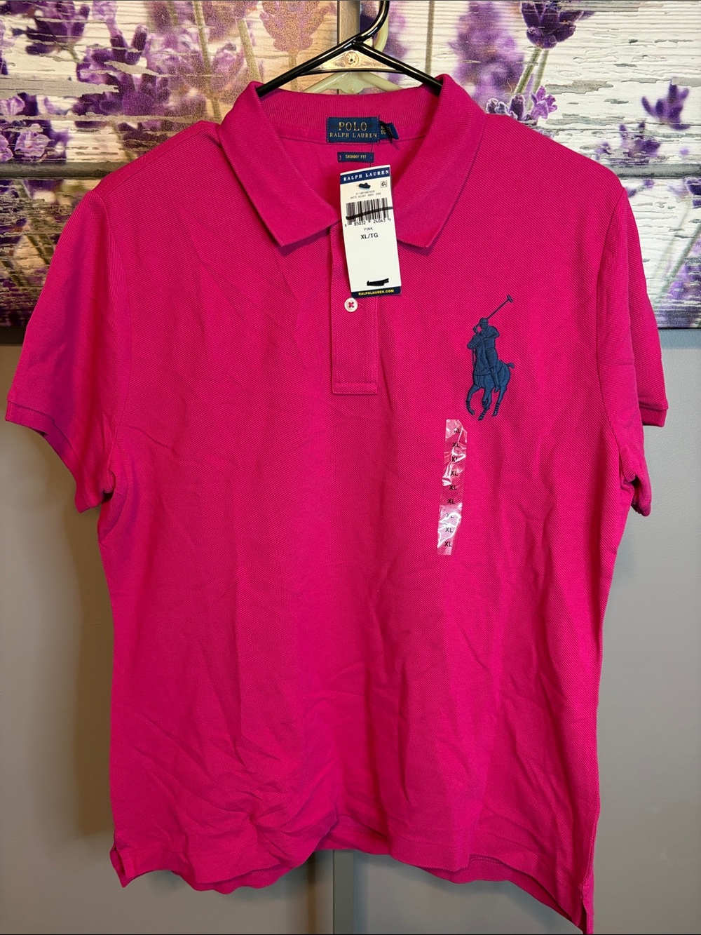 Polo by Ralph Lauren Women’s Skinny Fit Bright Pink Polo with Navy Pony